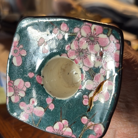 Royal Dalton Prunus Square Candlestick D3833 Dark Green with Pink Flowers - Picture 8 of 8